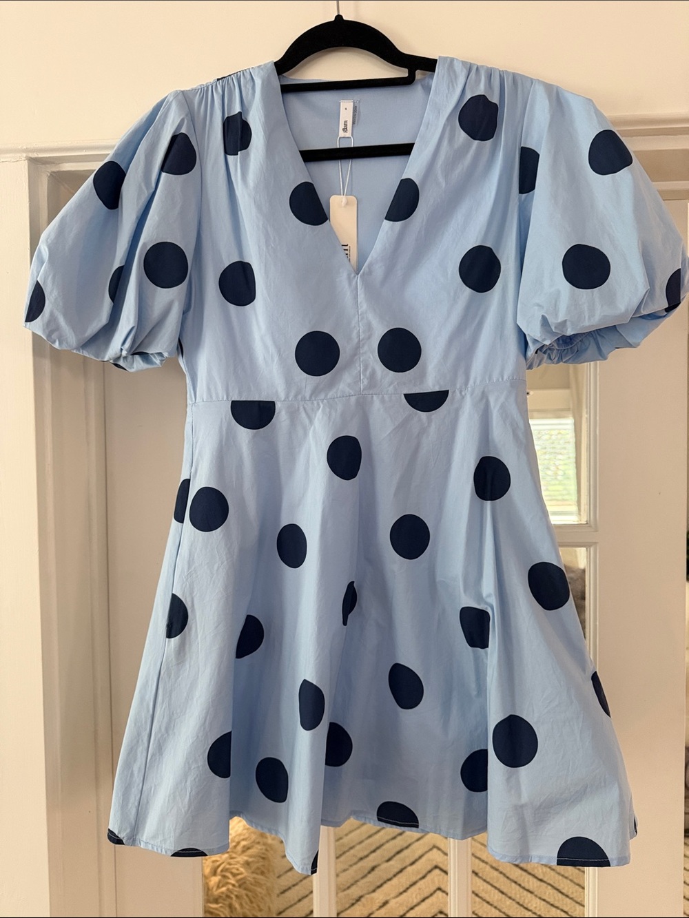 glam Light Blue v neck dress with Navy Polka Dots and Puff Sleeves